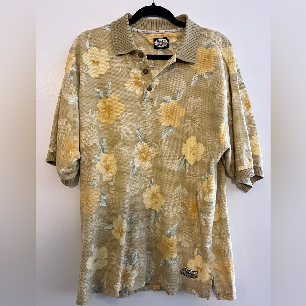 Tommy Bahama Floral Polo Shirt- All bottoms and extra attached. Unique colar